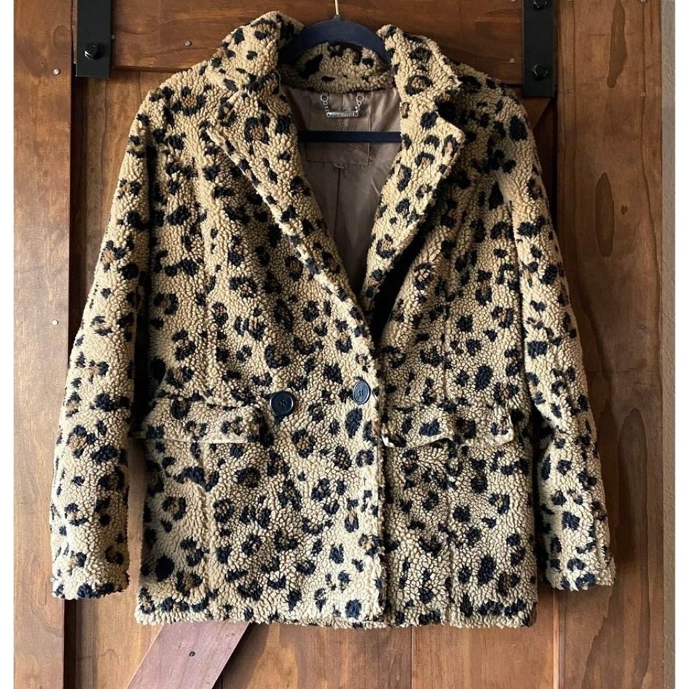 JOUJOU Tan Leopard Teddy Coat With Pockets, Women’s Small